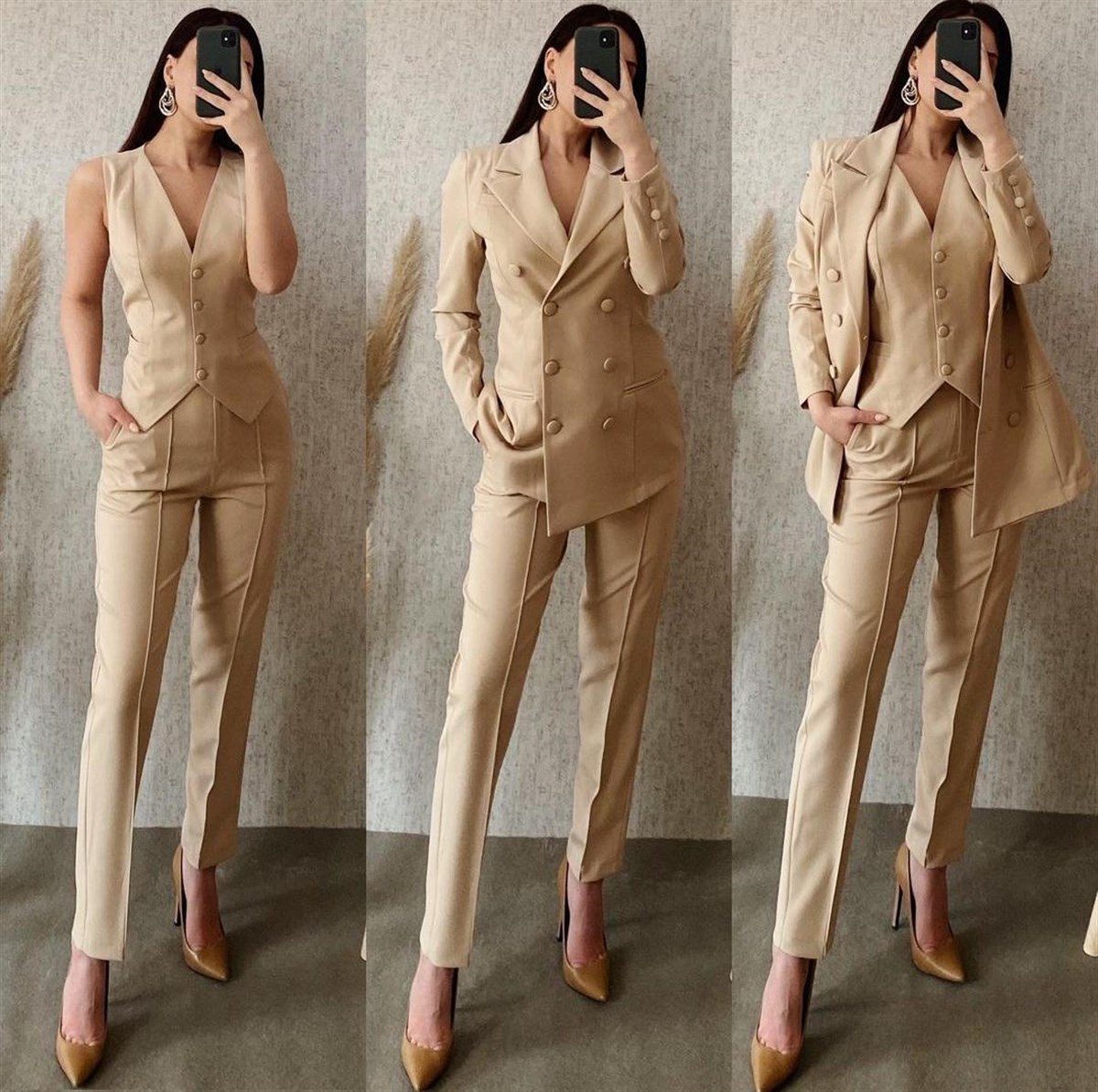 Cepken Ceket Pantolon 3 Lü Takım - BEJ
