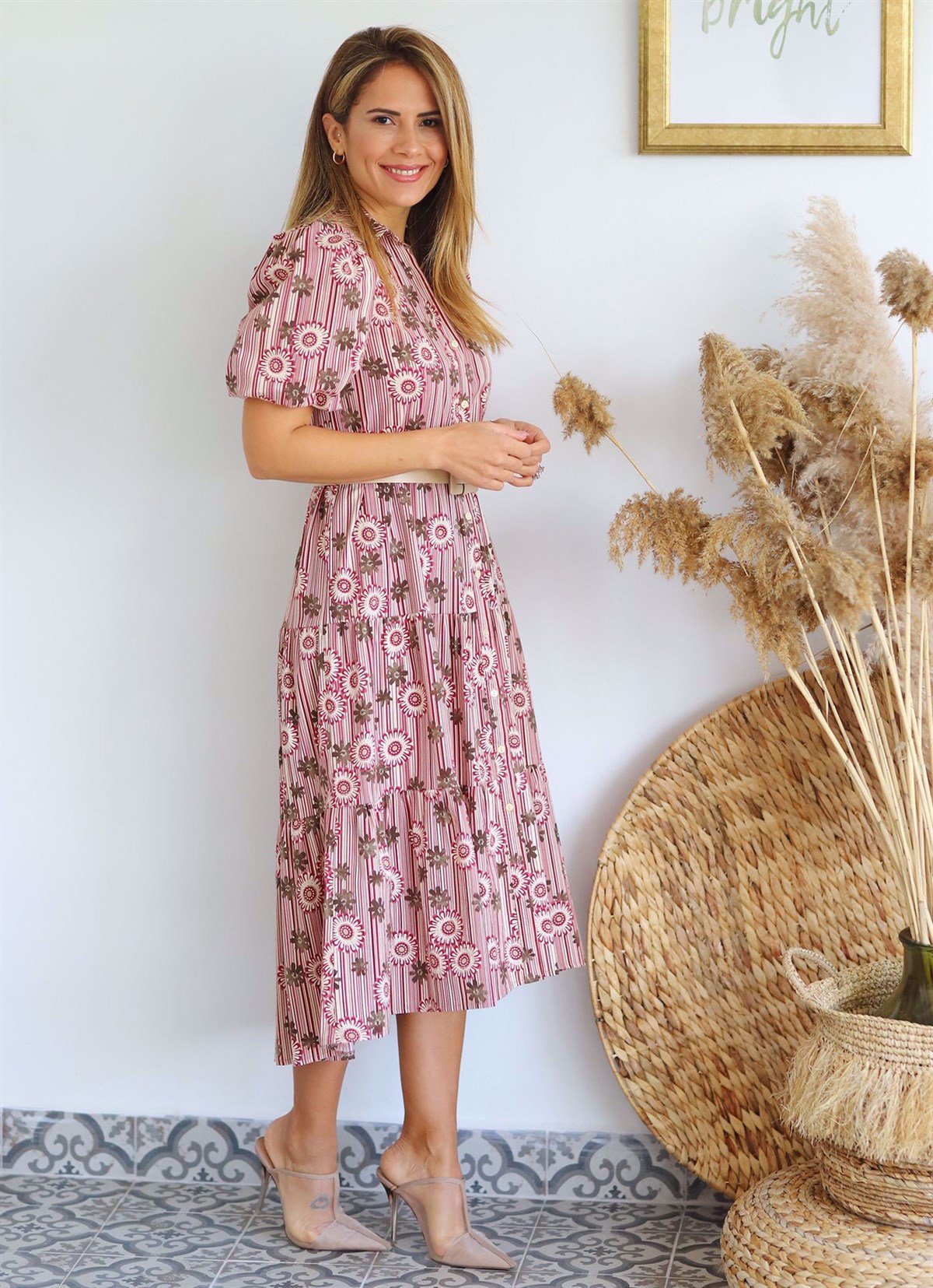 Çiçek Desenli Çizgili Karpuz Kol Kemerli Midi Boy Elbise 