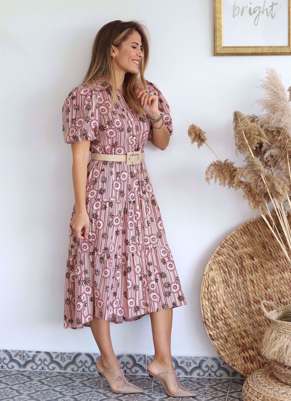 Çiçek Desenli Çizgili Karpuz Kol Kemerli Midi Boy Elbise 