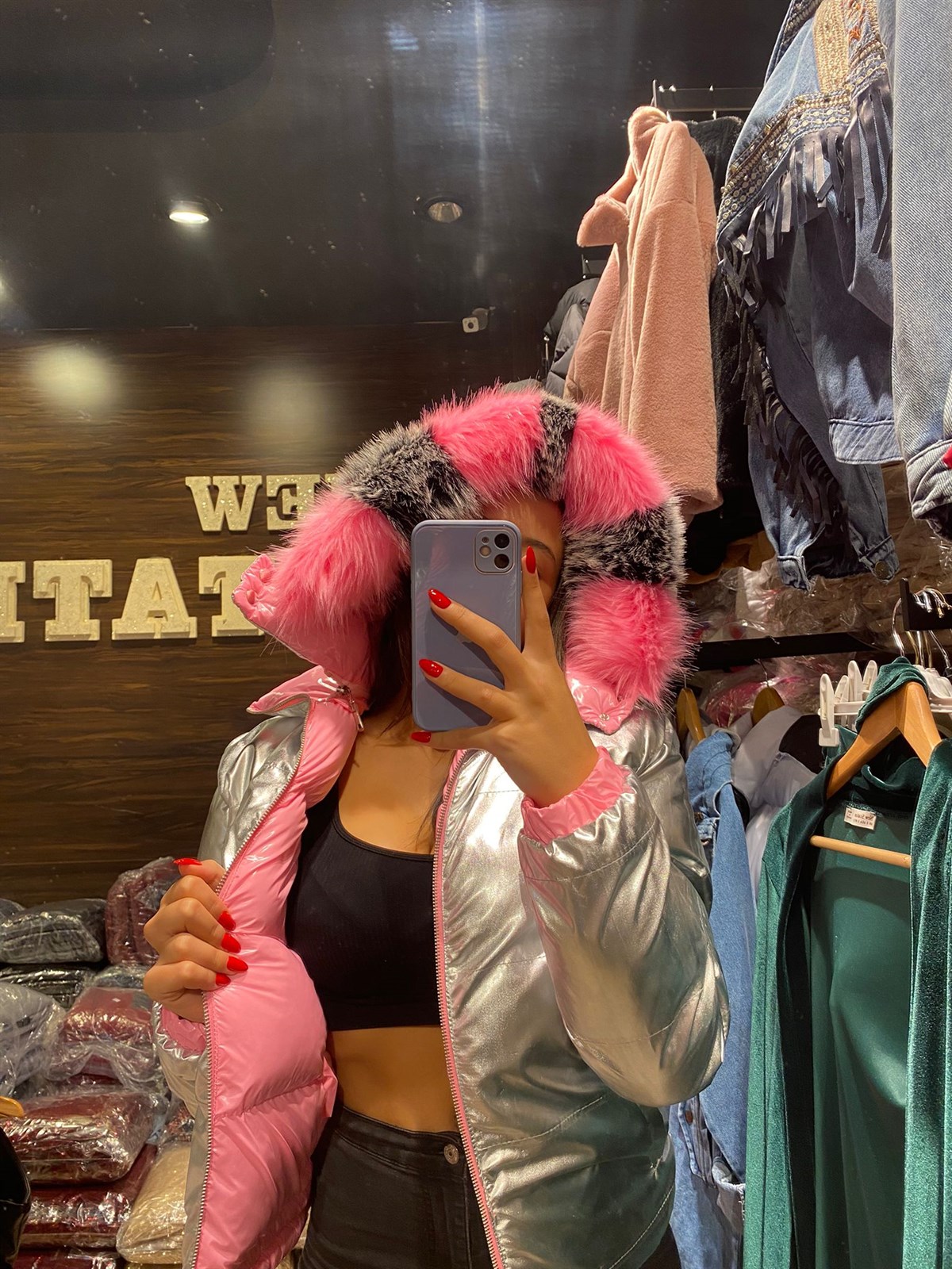 Çift Taraflı Şişme Mont - PEMBE ve METALİK GRİ