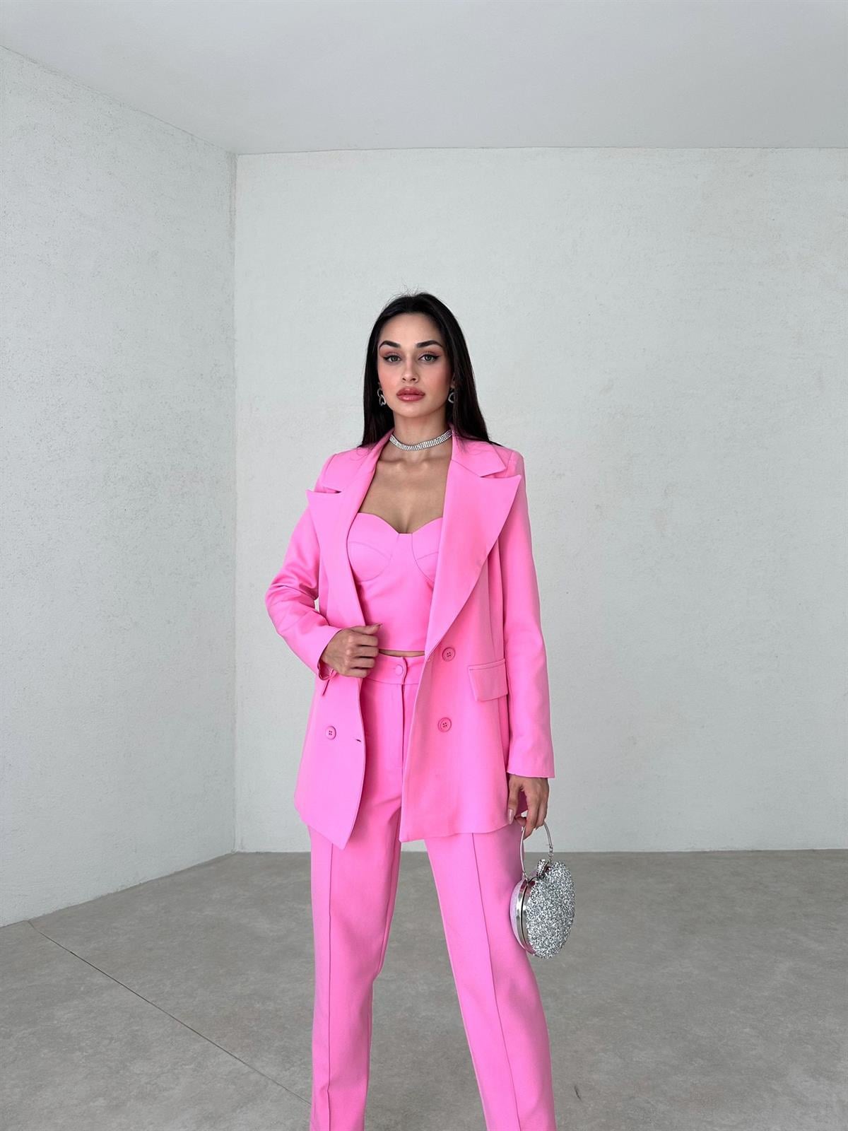 Crop Ceket Pantolon 3 lü Takım - PEMBE