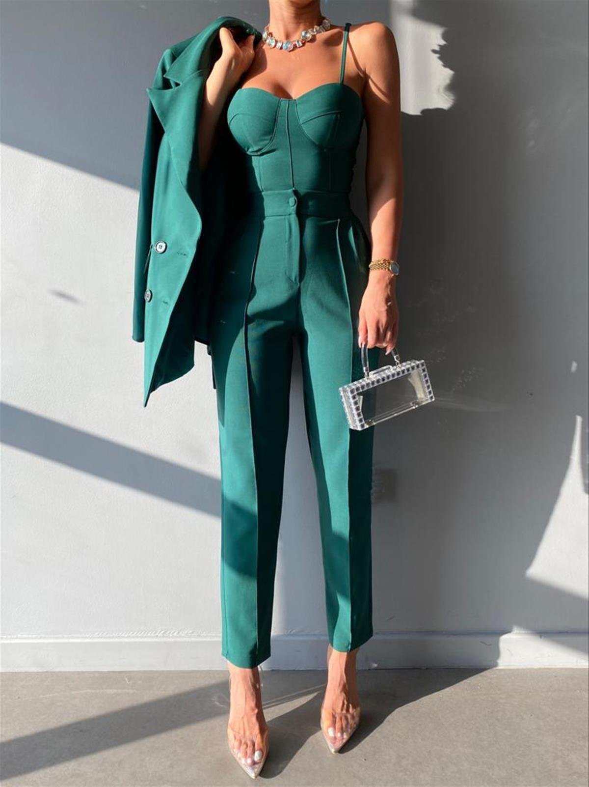 Crop Ceket Pantolon 3 lü Takım - YEŞİL