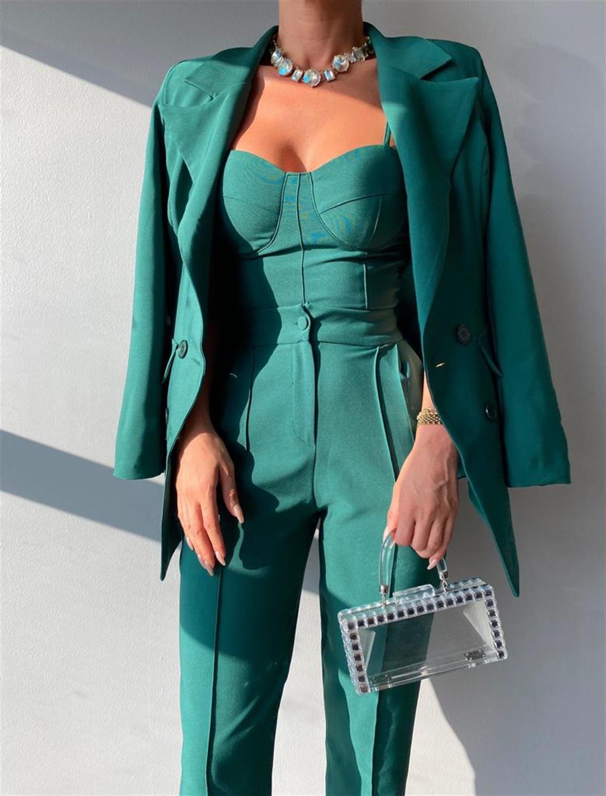 Crop Ceket Pantolon 3 lü Takım - YEŞİL