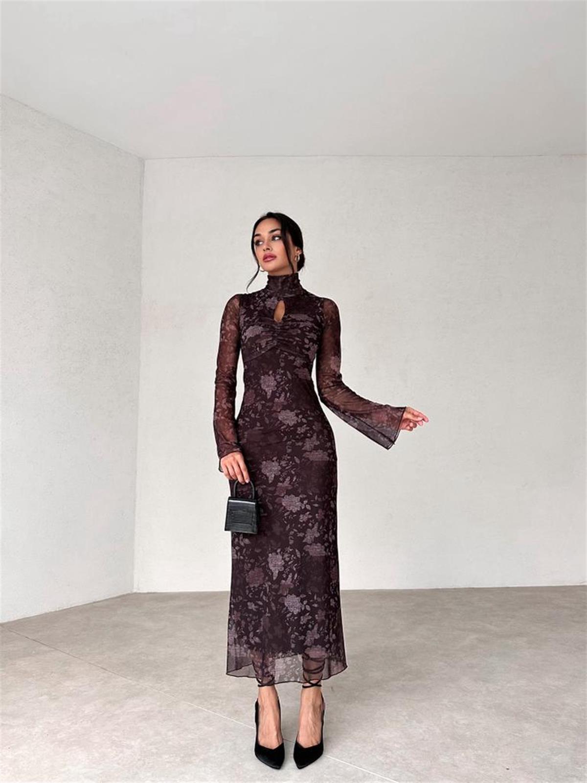 Damla Yaka Midi Şifon Kumaş Kadın Elbise - KAHVE