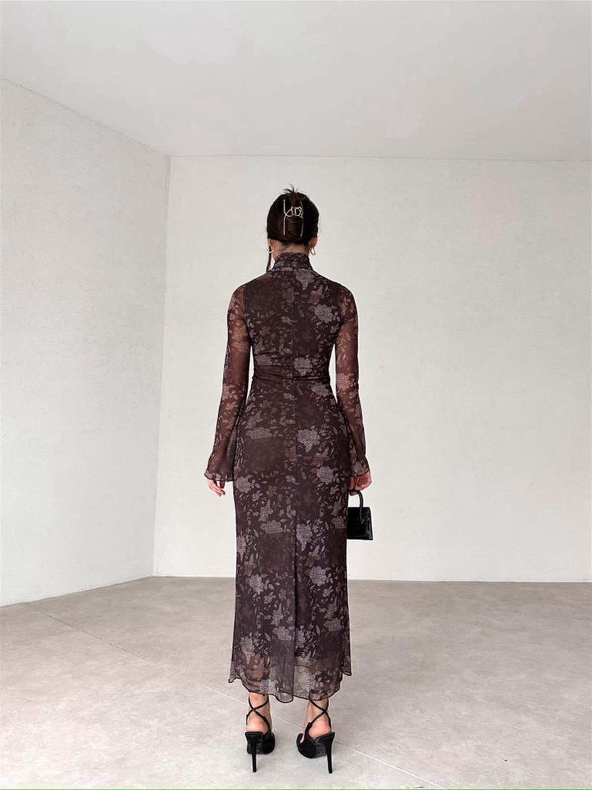 Damla Yaka Midi Şifon Kumaş Kadın Elbise - KAHVE