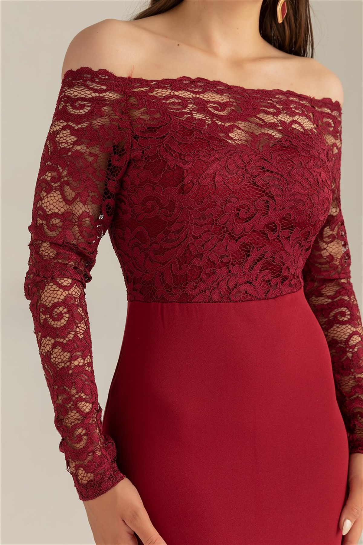 Dantel Detay Etek Ucu Volanlı Elbise - BORDO