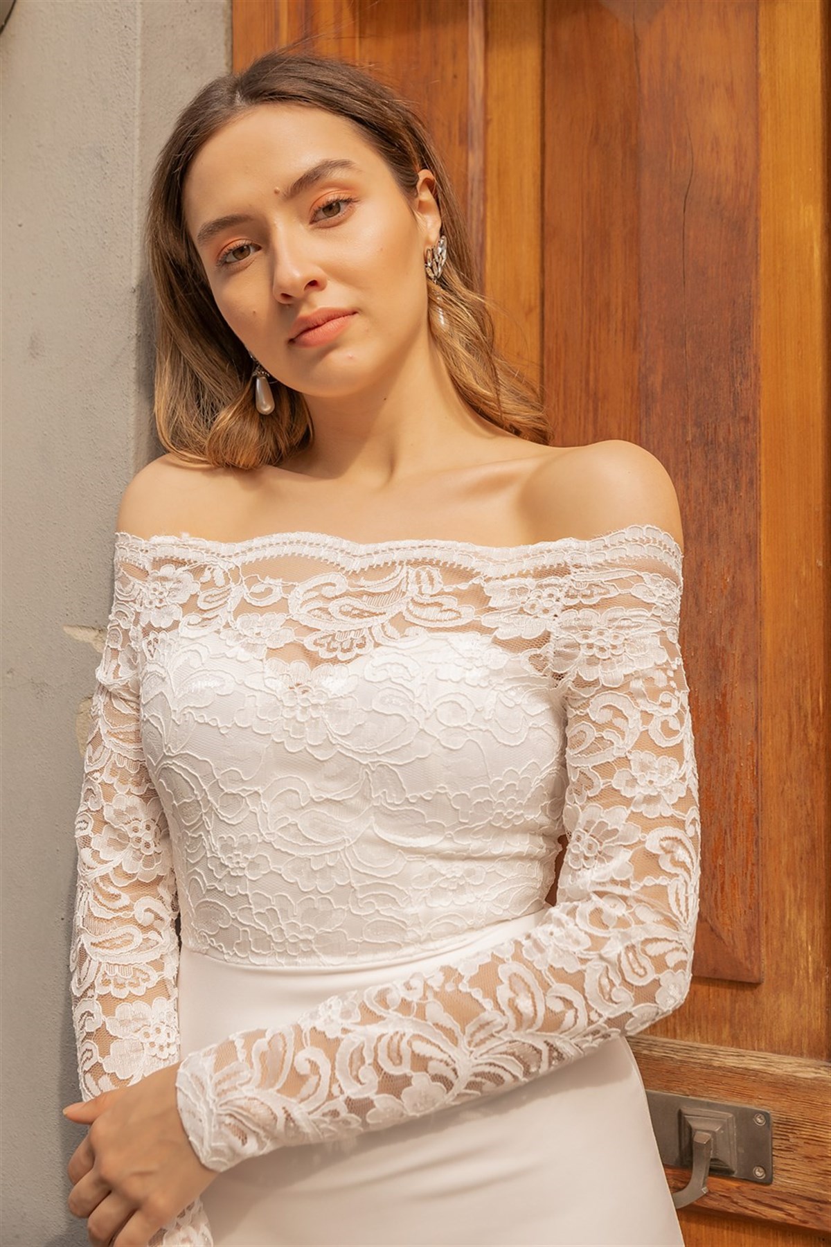 Dantel Detay Etek Ucu Volanlı Elbise - BEYAZ