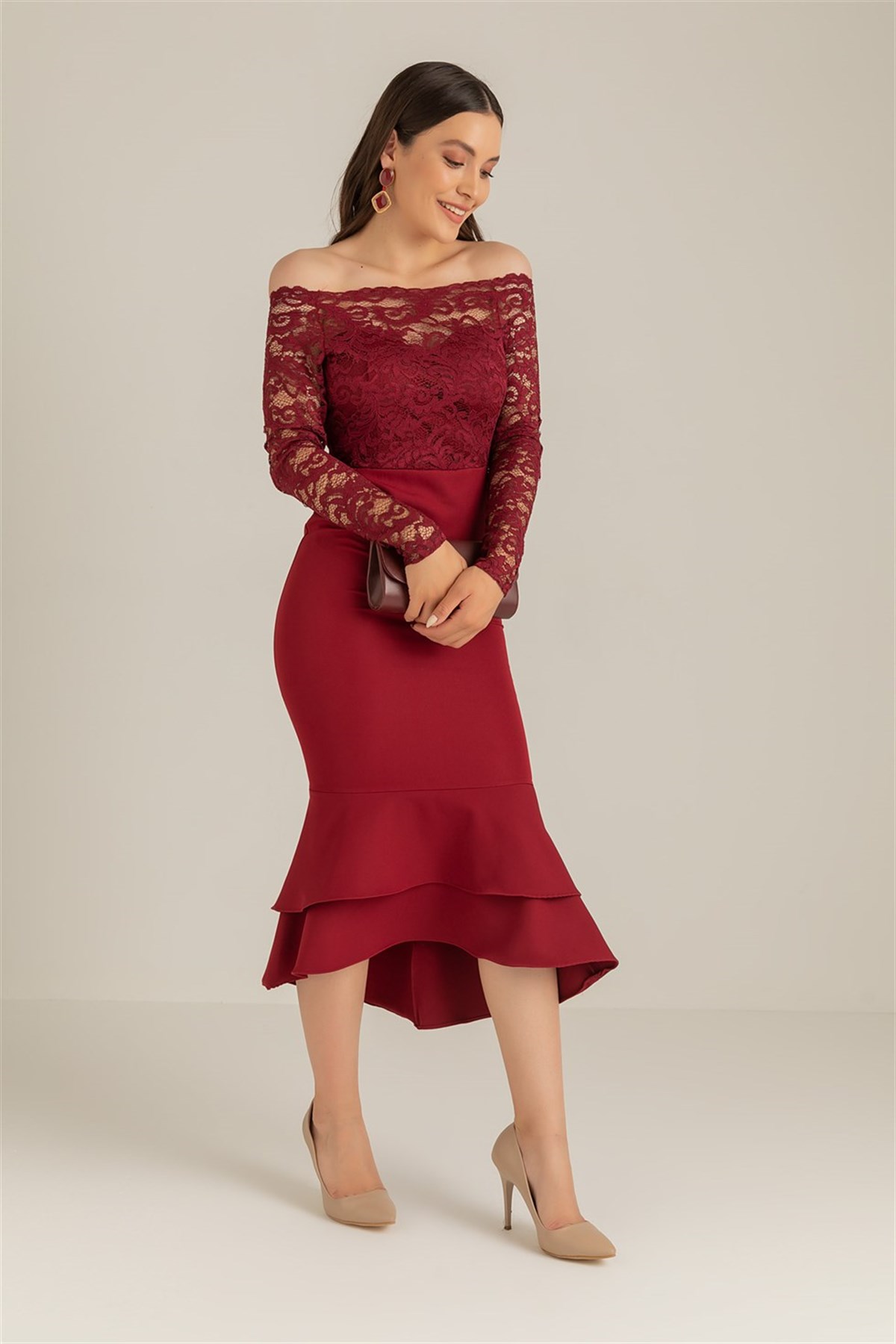Dantel Detay Etek Ucu Volanlı Elbise - BORDO