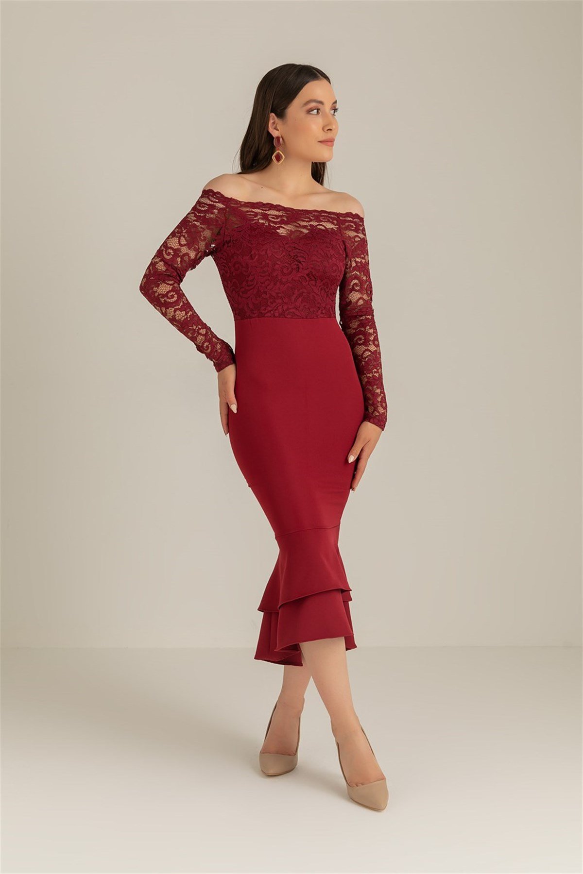 Dantel Detay Etek Ucu Volanlı Elbise - BORDO
