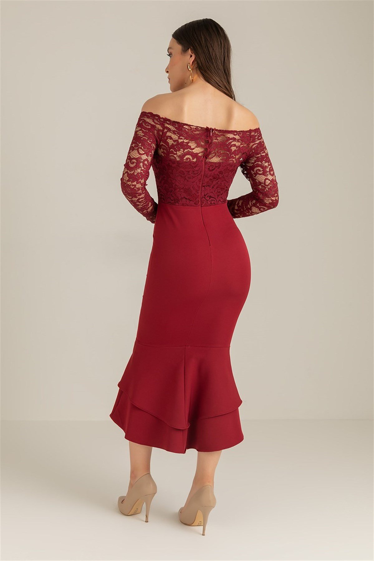 Dantel Detay Etek Ucu Volanlı Elbise - BORDO