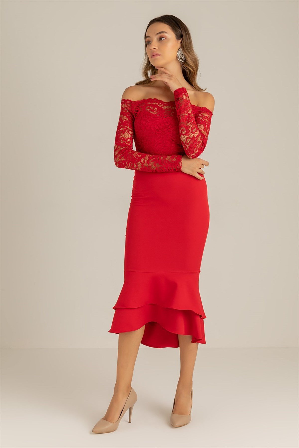 Dantel Detay Etek Ucu Volanlı Elbise - KIRMIZI