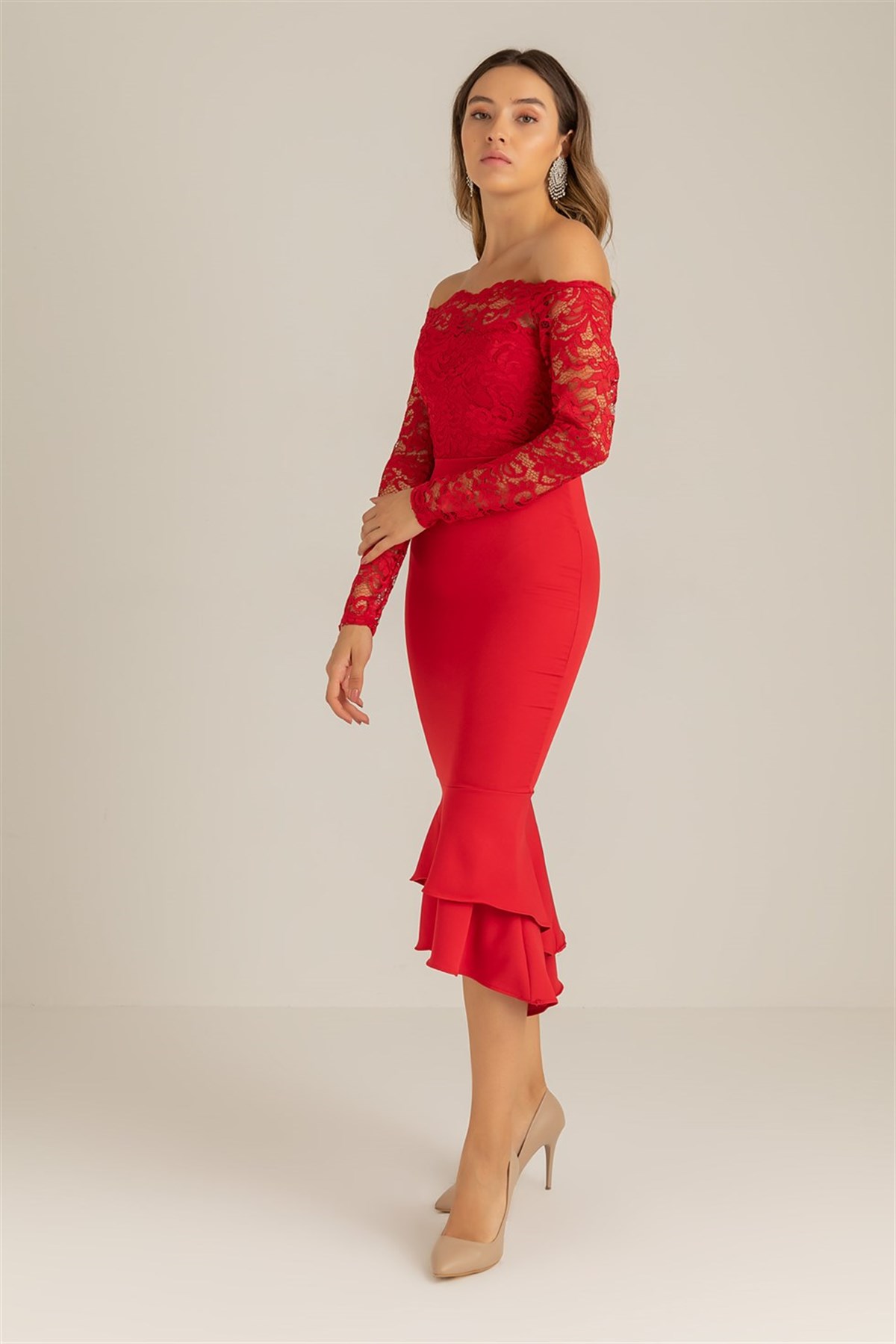 Dantel Detay Etek Ucu Volanlı Elbise - KIRMIZI