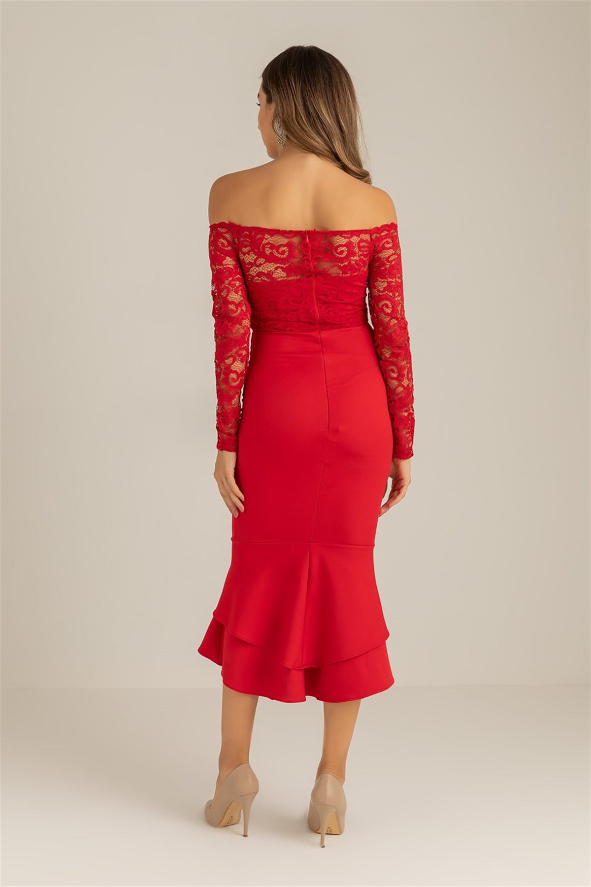 Dantel Detay Etek Ucu Volanlı Elbise - KIRMIZI