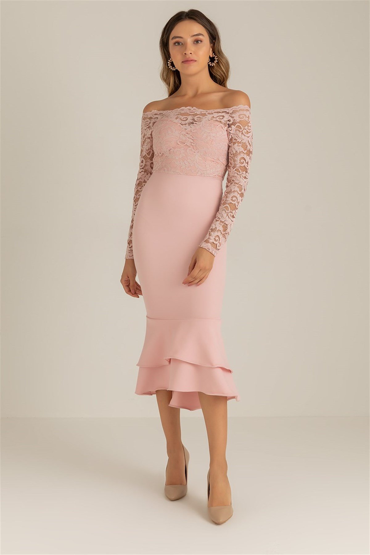 Dantel Detay Etek Ucu Volanlı Elbise - PEMBE
