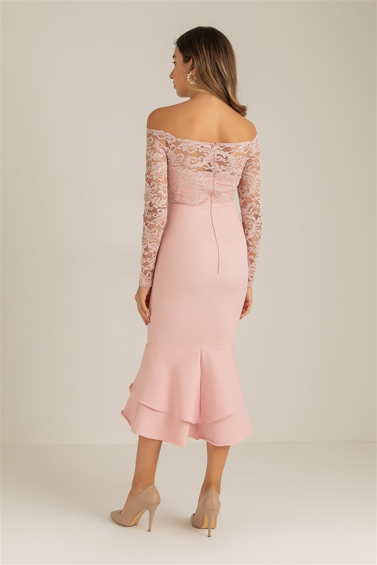 Dantel Detay Etek Ucu Volanlı Elbise - PEMBE