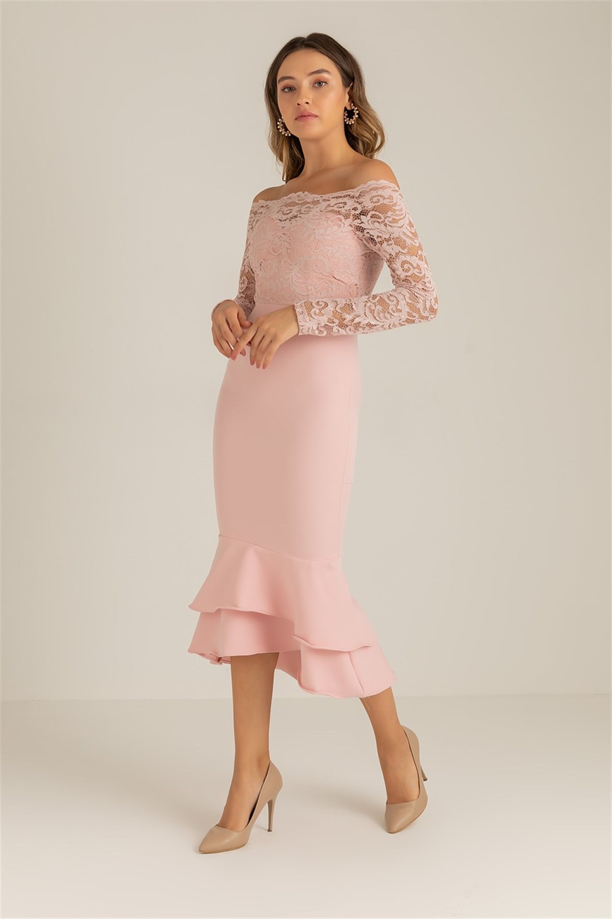 Dantel Detay Etek Ucu Volanlı Elbise - PEMBE