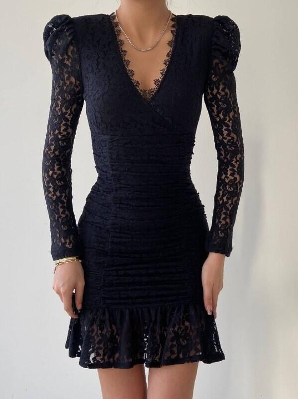 Dantel Güpür Detaylı Mini Elbise - SİYAH