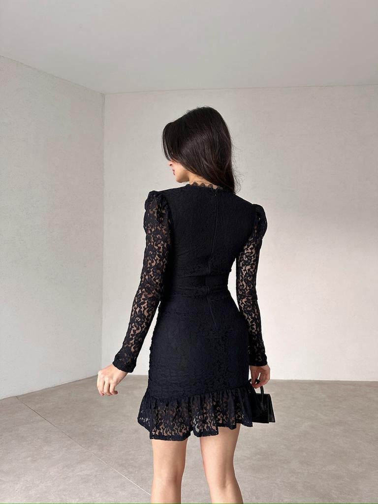 Dantel Güpür Detaylı Mini Elbise - SİYAH