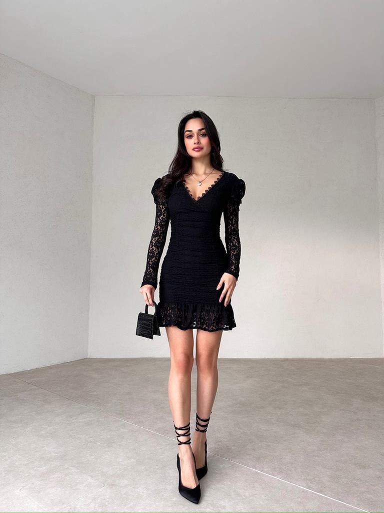 Dantel Güpür Detaylı Mini Elbise - SİYAH