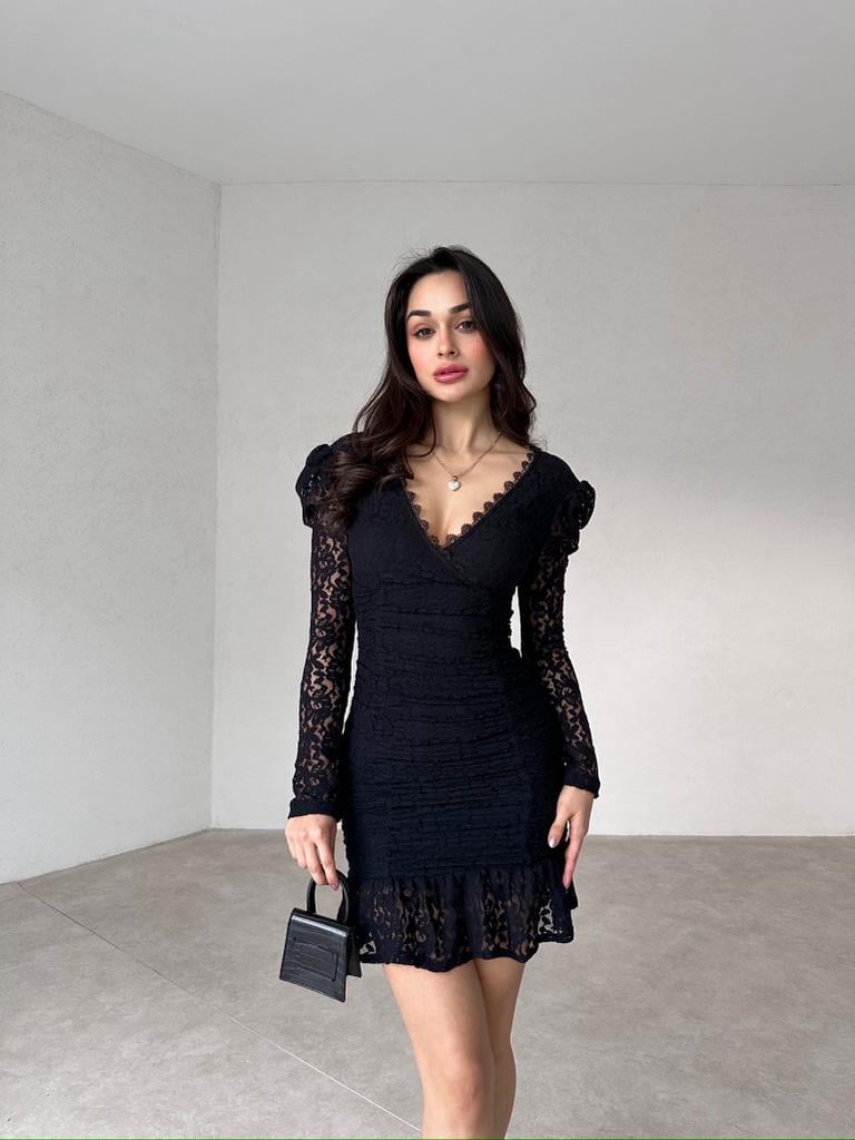 Dantel Güpür Detaylı Mini Elbise - SİYAH