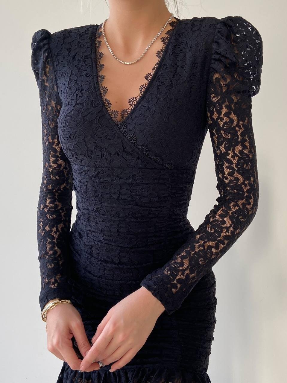 Dantel Güpür Detaylı Mini Elbise - SİYAH