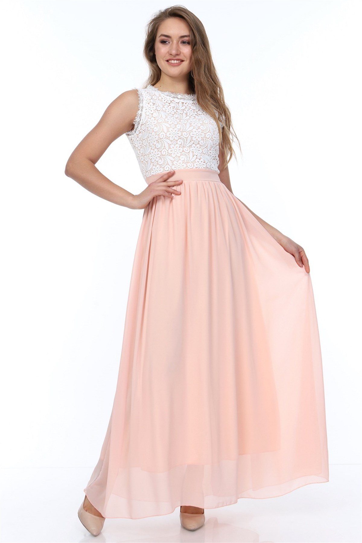 Dantel Güpür İşleme Detaylı Şifon Elbise - PUDRA RENK