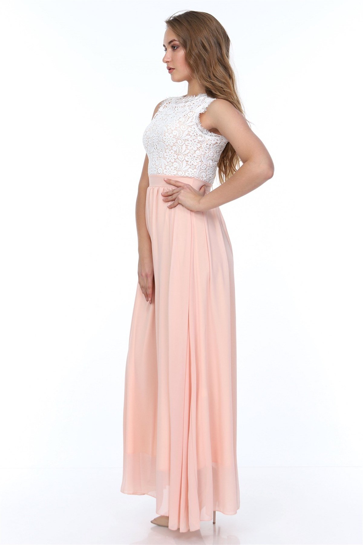 Dantel Güpür İşleme Detaylı Şifon Elbise - PUDRA RENK