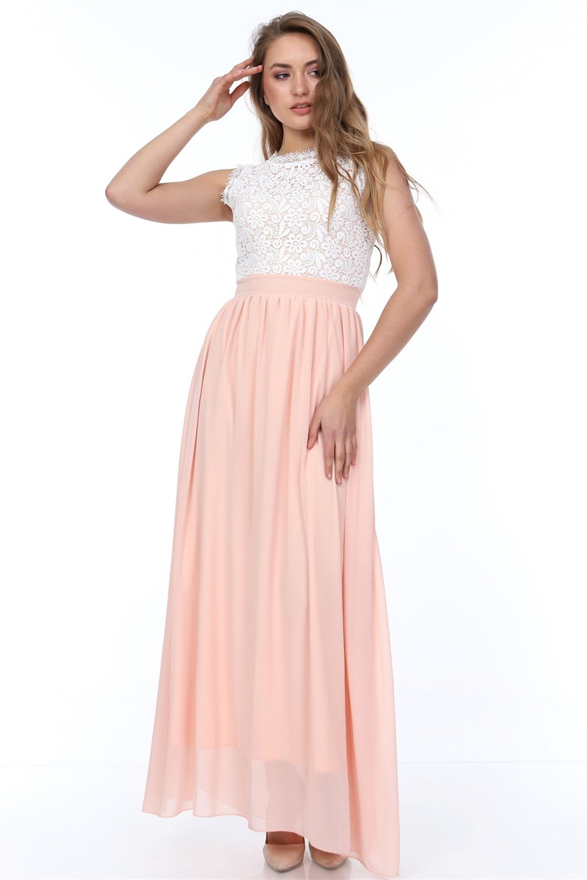 Dantel Güpür İşleme Detaylı Şifon Elbise - PUDRA RENK