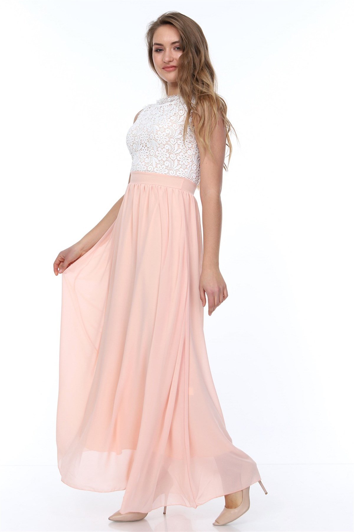 Dantel Güpür İşleme Detaylı Şifon Elbise - PUDRA RENK