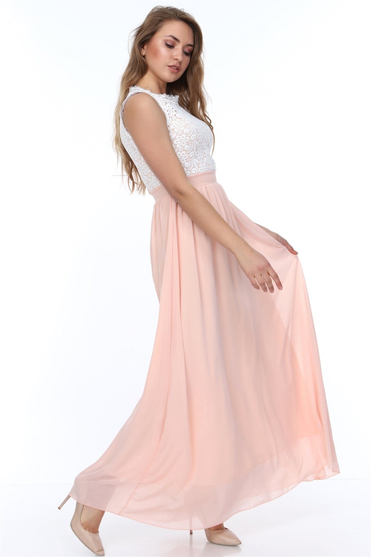 Dantel Güpür İşleme Detaylı Şifon Elbise - PUDRA RENK