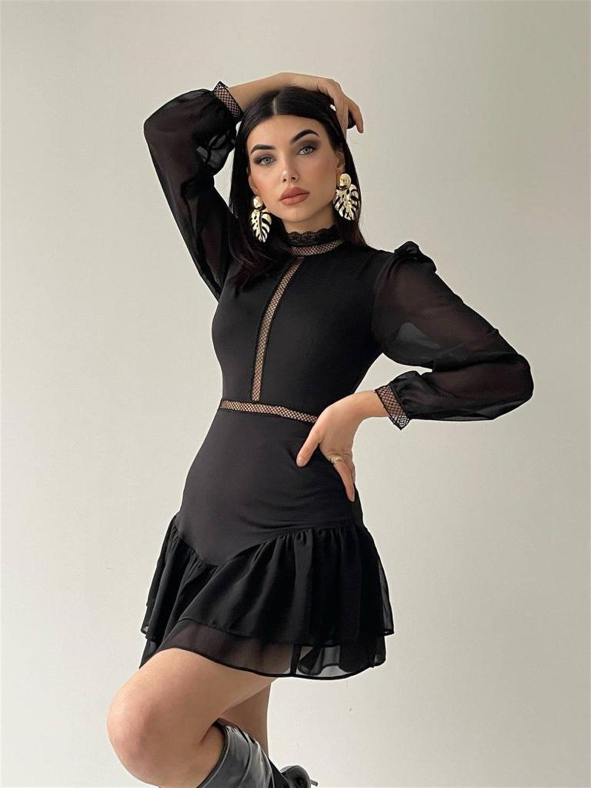 Dantel İşleme Detaylı Mini Şifon Elbise - SİYAH