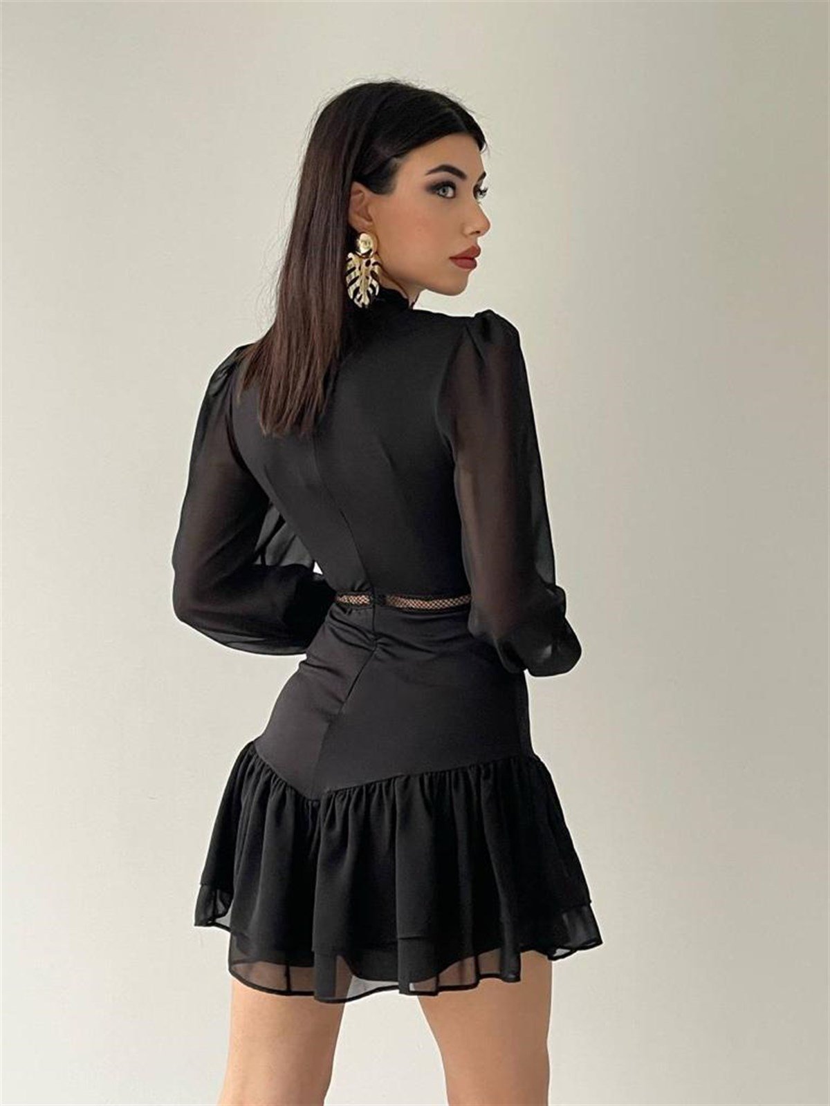 Dantel İşleme Detaylı Mini Şifon Elbise - SİYAH