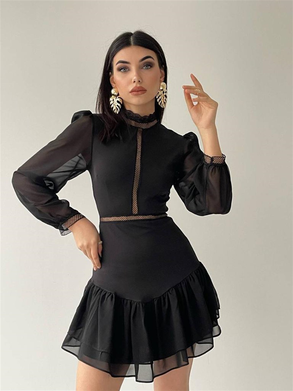 Dantel İşleme Detaylı Mini Şifon Elbise - SİYAH