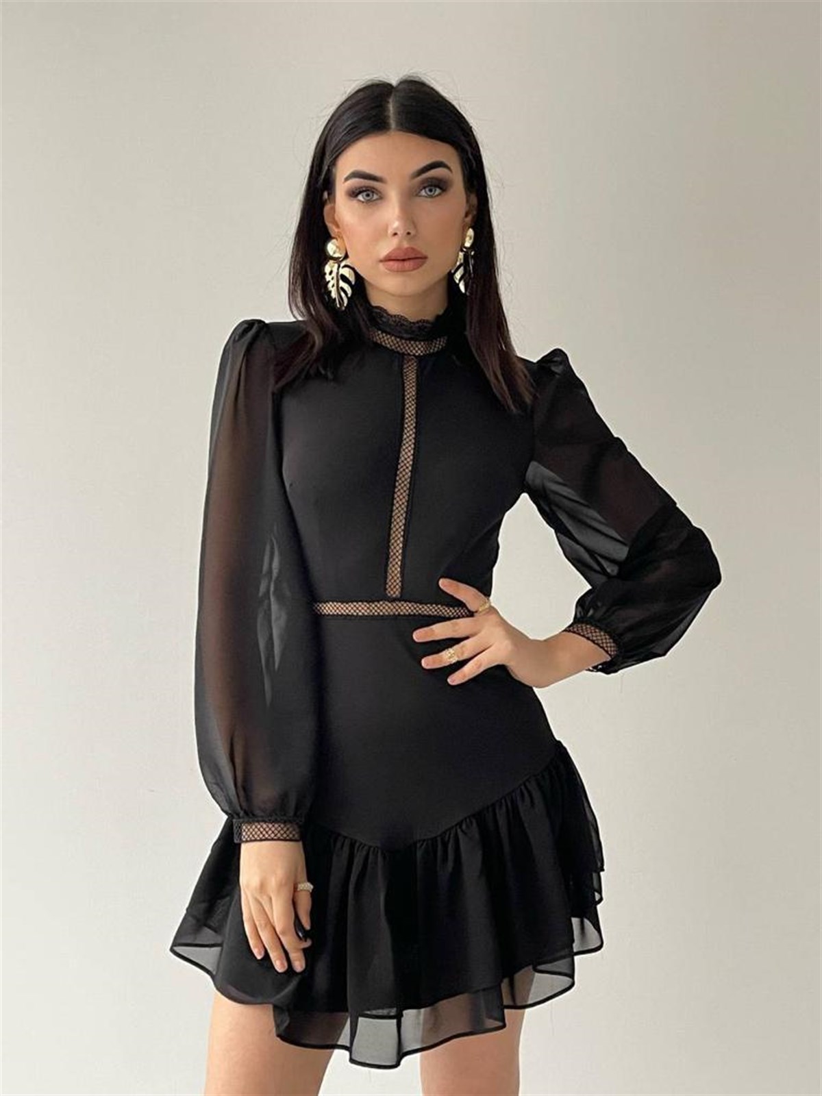 Dantel İşleme Detaylı Mini Şifon Elbise - SİYAH