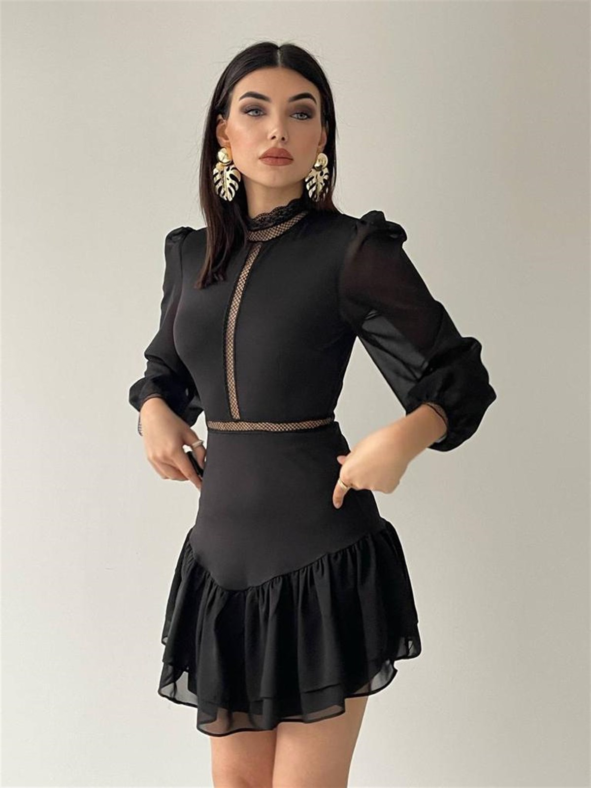 Dantel İşleme Detaylı Mini Şifon Elbise - SİYAH