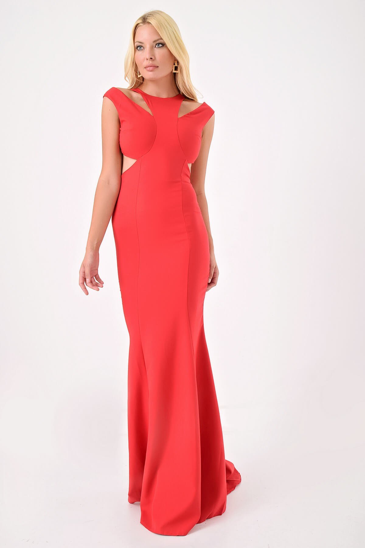 Dekolte Detaylı Balık Abiye - KIRMIZI