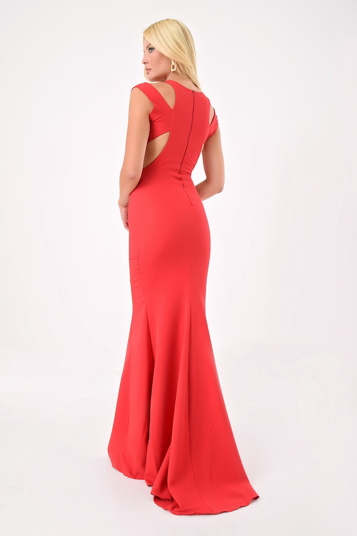 Dekolte Detaylı Balık Abiye - KIRMIZI