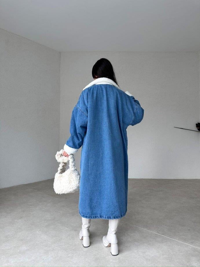 Denim Yıkamalı İçi Peluş Cepli Uzun Kot Mont