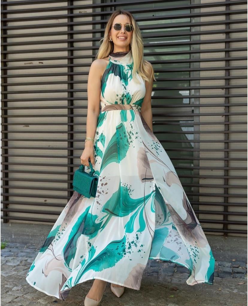 Desenli Halter Yaka Yırtmaçlı Maxi Boy Şifon Elbise - YEŞİL