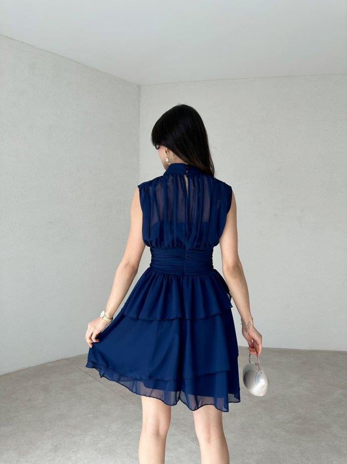 lacivert dik yaka şifon elbise – kadın – butikimbutik
