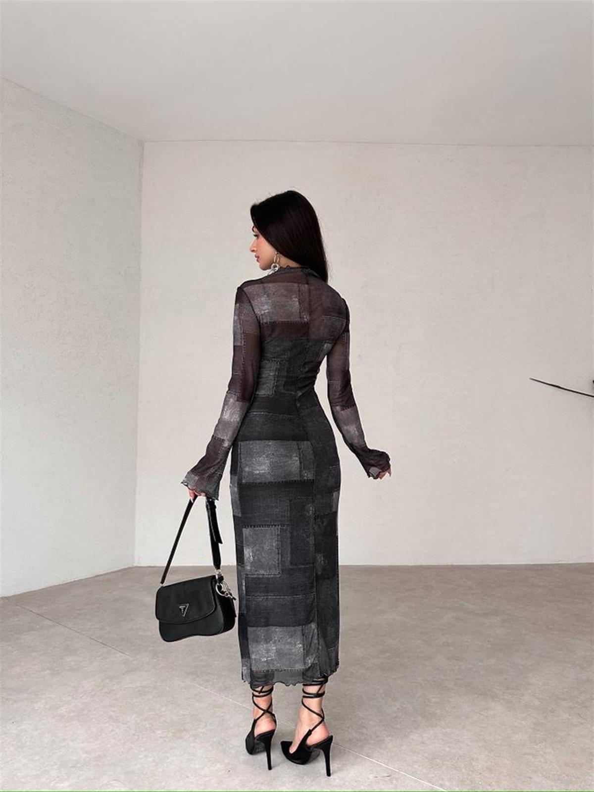 Dörtgen Geçişli Midi Şifon Kumaş Kadın Elbise - FÜME