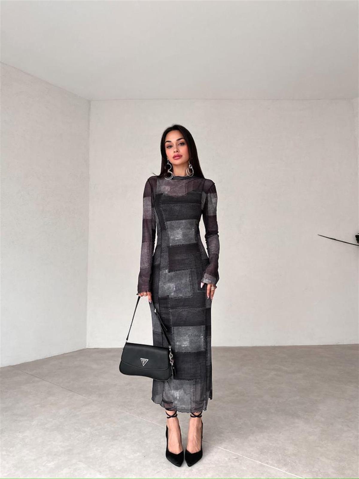 Dörtgen Geçişli Midi Şifon Kumaş Kadın Elbise - FÜME