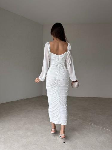 Drape Detay Midi Elbise - BEYAZ