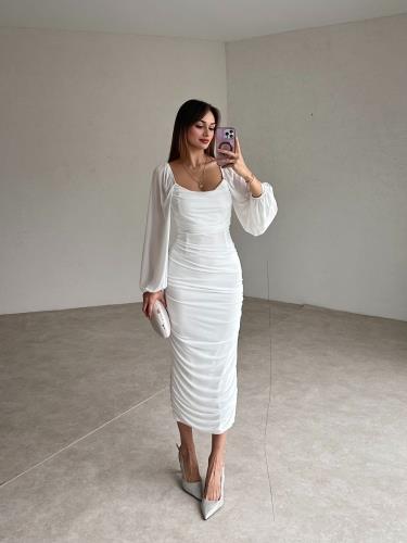 Drape Detay Midi Elbise - BEYAZ