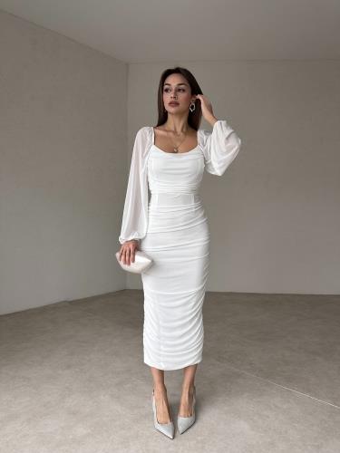 Drape Detay Midi Elbise - BEYAZ