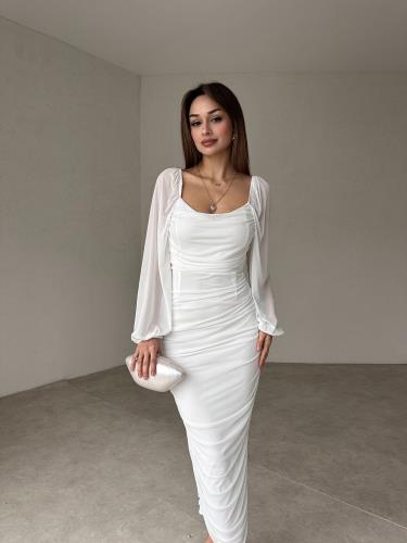 Drape Detay Midi Elbise - BEYAZ
