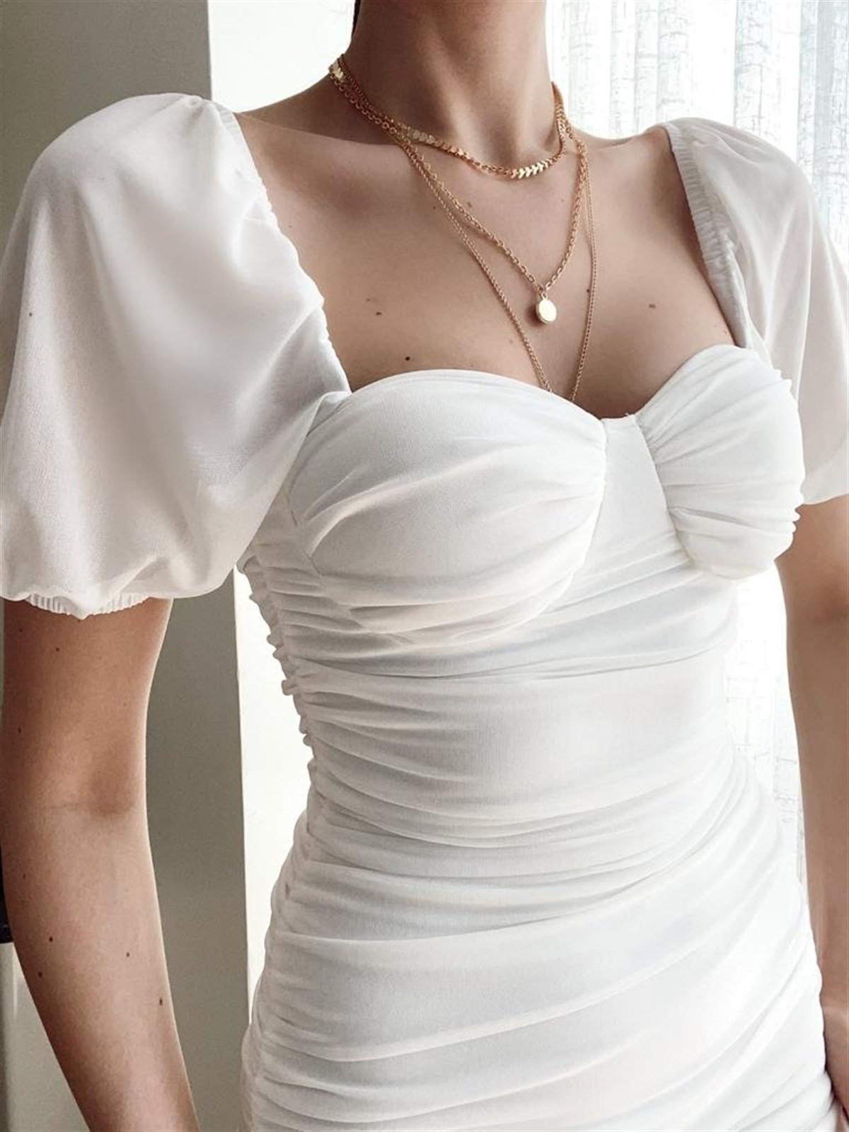 Drape Detaylı Tül Elbise - BEYAZ