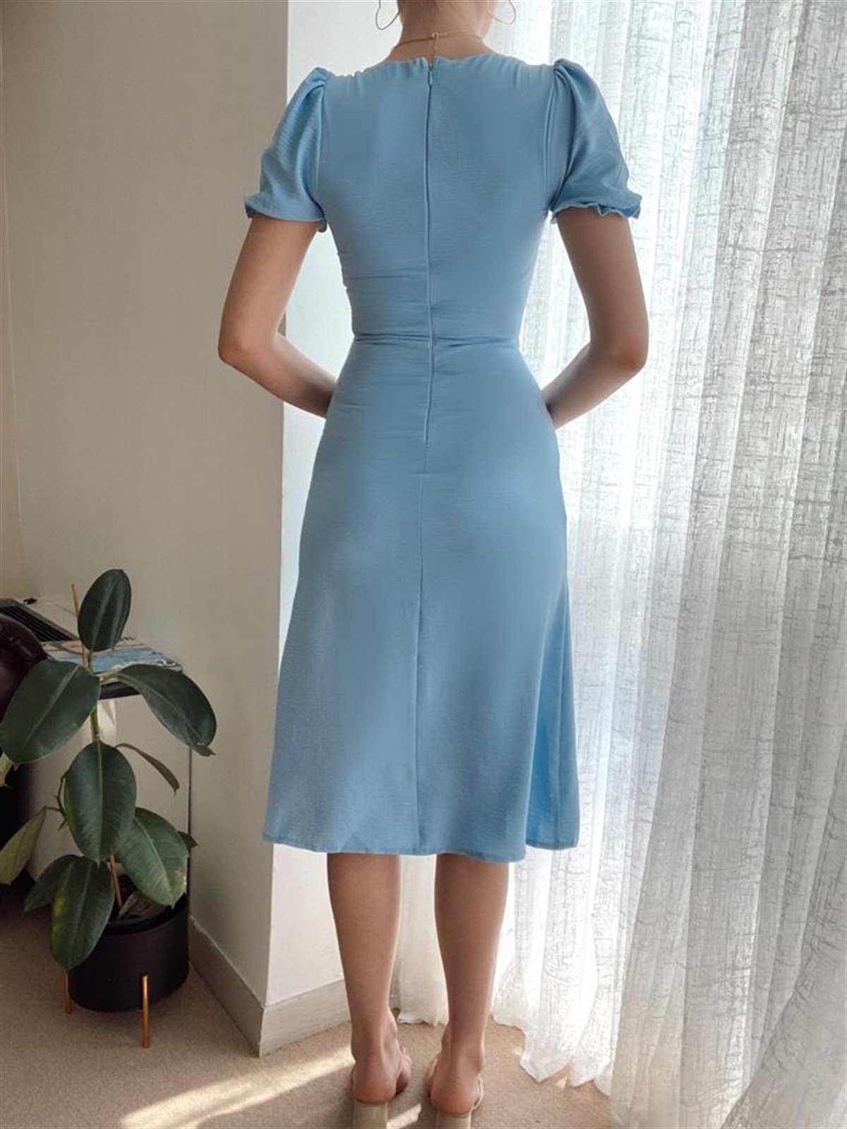 Düğme Detay Uzun Aletris Elbise - MAVİ