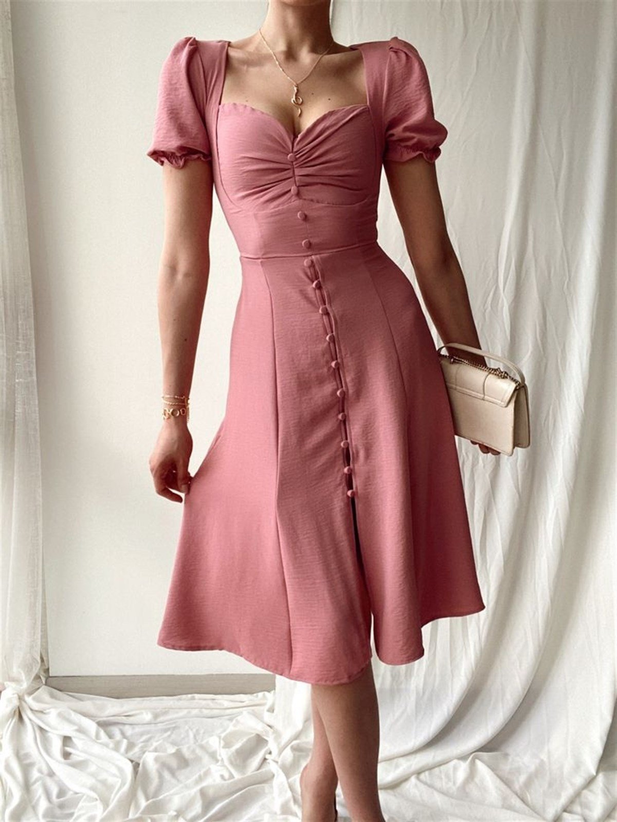 Düğme Detay Uzun Aletris Elbise - PUDRA