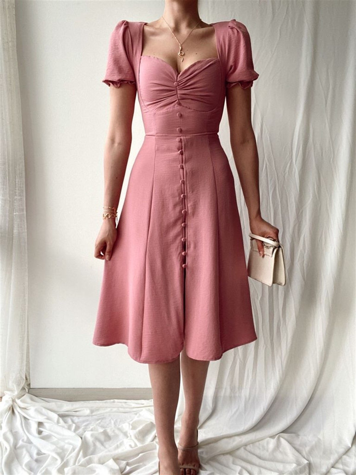 Düğme Detay Uzun Aletris Elbise - PUDRA